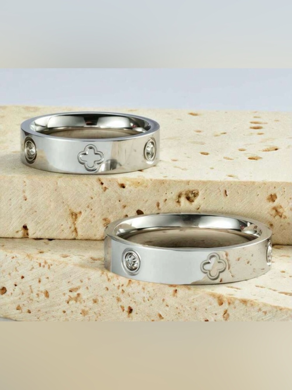 Silver Stainless Steel Clover Accent Ring